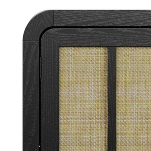 English Elm Rattan Woven Boho Sideboard with Adjustable Shelves and Matte Black Wood Frame T6051P539548