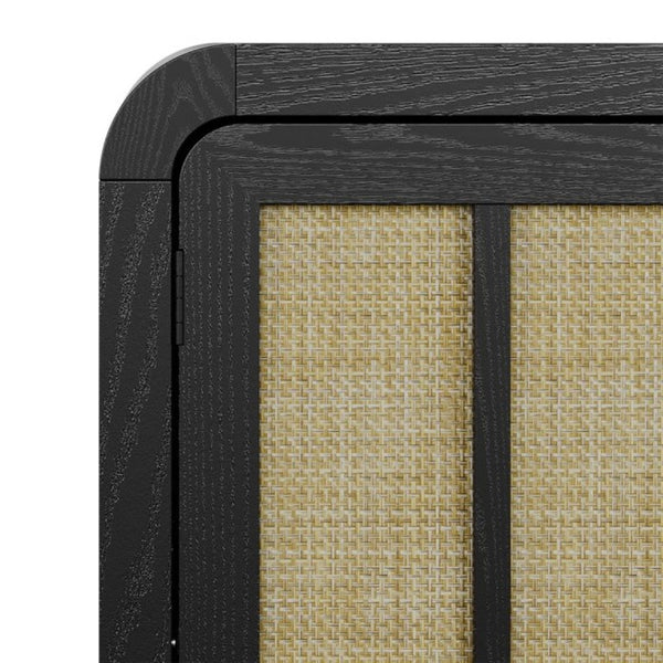 English Elm Rattan Woven Boho Sideboard with Adjustable Shelves and Matte Black Wood Frame T6051P539548