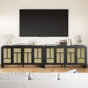 English Elm Rattan Woven Boho Sideboard with Adjustable Shelves and Matte Black Wood Frame T6051P539548