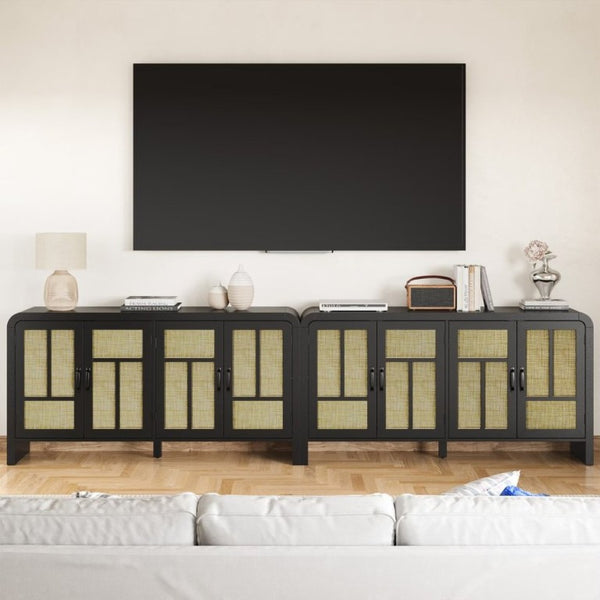 English Elm Rattan Woven Boho Sideboard with Adjustable Shelves and Matte Black Wood Frame T6051P539548