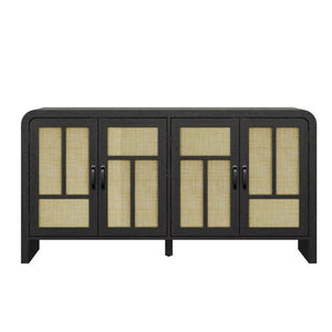 English Elm Rattan Woven Boho Sideboard with Adjustable Shelves and Matte Black Wood Frame T6051P539548