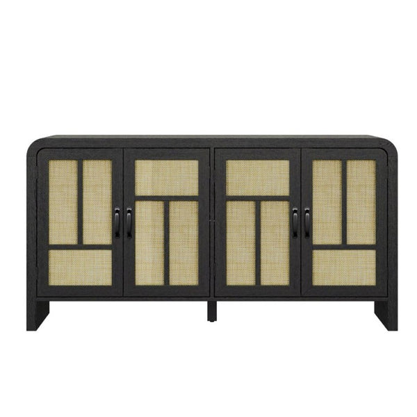 English Elm Rattan Woven Boho Sideboard with Adjustable Shelves and Matte Black Wood Frame T6051P539548