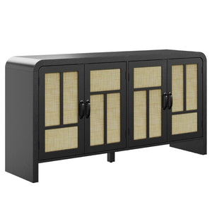 English Elm Rattan Woven Boho Sideboard with Adjustable Shelves and Matte Black Wood Frame T6051P539548