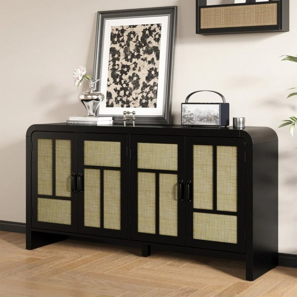 English Elm Rattan Woven Boho Sideboard with Adjustable Shelves and Matte Black Wood Frame T6051P539548