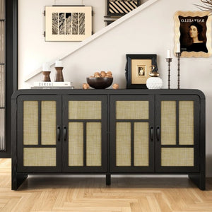 English Elm Rattan Woven Boho Sideboard with Adjustable Shelves and Matte Black Wood Frame T6051P539548