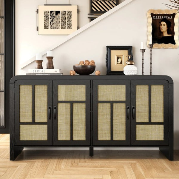 English Elm Rattan Woven Boho Sideboard with Adjustable Shelves and Matte Black Wood Frame T6051P539548