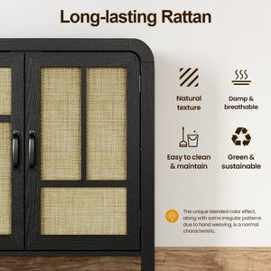 English Elm Rattan Woven Boho Sideboard with Adjustable Shelves and Matte Black Wood Frame T6051P539548