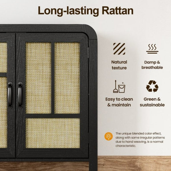 English Elm Rattan Woven Boho Sideboard with Adjustable Shelves and Matte Black Wood Frame T6051P539548