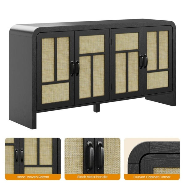 English Elm Rattan Woven Boho Sideboard with Adjustable Shelves and Matte Black Wood Frame T6051P539548