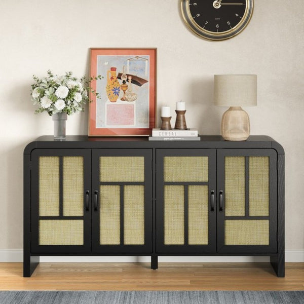 English Elm Rattan Woven Boho Sideboard with Adjustable Shelves and Matte Black Wood Frame T6051P539548