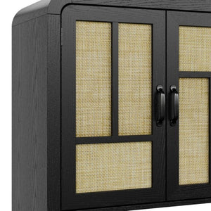 English Elm Rattan Woven Boho Sideboard with Adjustable Shelves and Matte Black Wood Frame T6051P539548