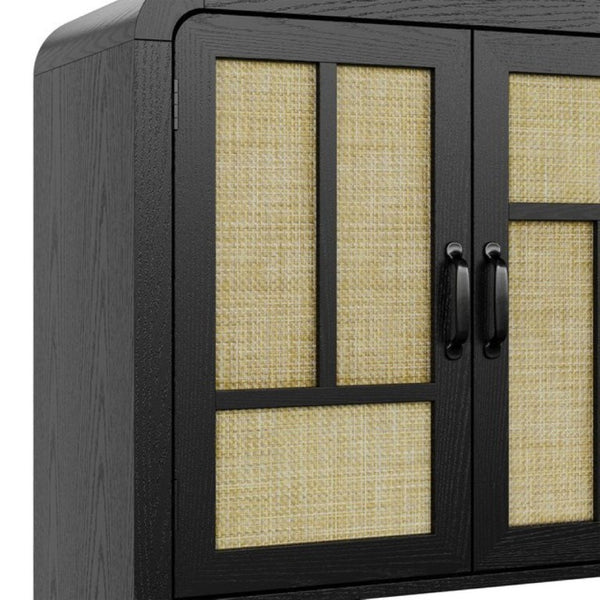 English Elm Rattan Woven Boho Sideboard with Adjustable Shelves and Matte Black Wood Frame T6051P539548