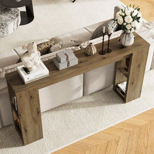 English Elm 63 Inch Farmhouse Console Table with Open Shelving Natural Wood Grain Entryway Accent T6051P539567