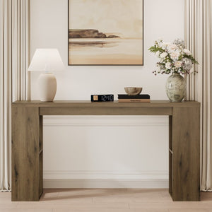 English Elm 63 Inch Farmhouse Console Table with Open Shelving Natural Wood Grain Entryway Accent T6051P539567