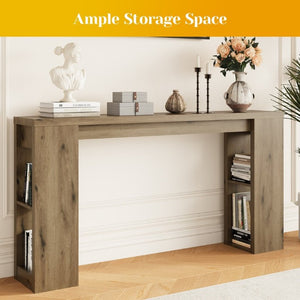 English Elm 63 Inch Farmhouse Console Table with Open Shelving Natural Wood Grain Entryway Accent T6051P539567