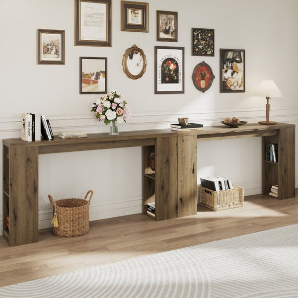 English Elm 63 Inch Farmhouse Console Table with Open Shelving Natural Wood Grain Entryway Accent T6051P539567