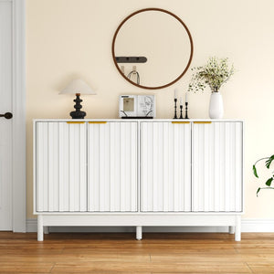 English Elm 55 Inch White MDF Credenza with Fluted Doors Gold Pulls and Adjustable Interior Shelving T6051P539586
