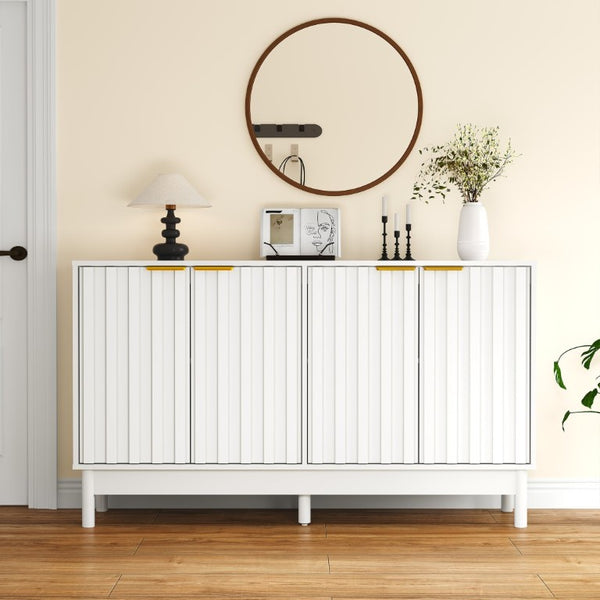 English Elm 55 Inch White MDF Credenza with Fluted Doors Gold Pulls and Adjustable Interior Shelving T6051P539586
