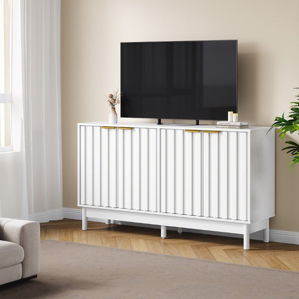 English Elm 55 Inch White MDF Credenza with Fluted Doors Gold Pulls and Adjustable Interior Shelving T6051P539586