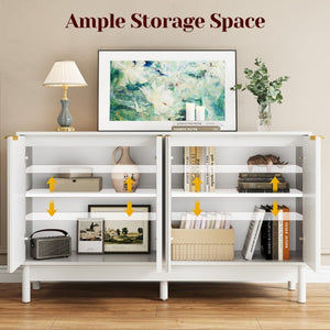English Elm 55 Inch White MDF Credenza with Fluted Doors Gold Pulls and Adjustable Interior Shelving T6051P539586