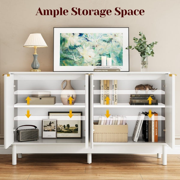 English Elm 55 Inch White MDF Credenza with Fluted Doors Gold Pulls and Adjustable Interior Shelving T6051P539586