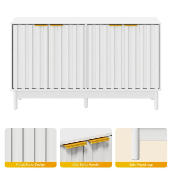 English Elm 55 Inch White MDF Credenza with Fluted Doors Gold Pulls and Adjustable Interior Shelving T6051P539586