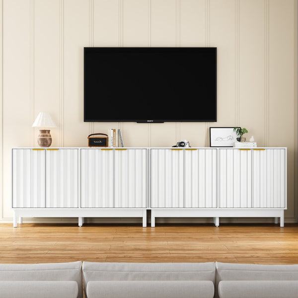 English Elm 55 Inch White MDF Credenza with Fluted Doors Gold Pulls and Adjustable Interior Shelving T6051P539586