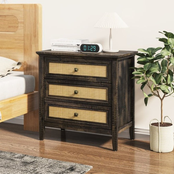 English Elm 3 Drawer Rattan Front Dresser Dark Oak Finish Farmhouse Storage for Bedroom or Hallway T6051P539599