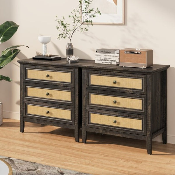 English Elm 3 Drawer Rattan Front Dresser Dark Oak Finish Farmhouse Storage for Bedroom or Hallway T6051P539599