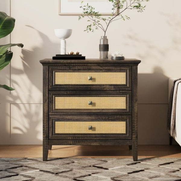 English Elm 3 Drawer Rattan Front Dresser Dark Oak Finish Farmhouse Storage for Bedroom or Hallway T6051P539599