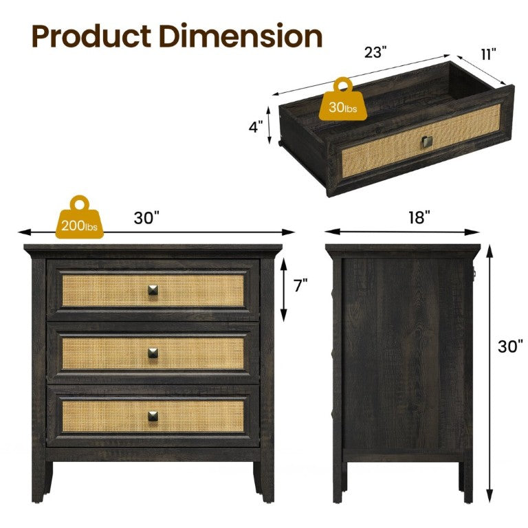 English Elm 3 Drawer Rattan Front Dresser Dark Oak Finish Farmhouse Storage for Bedroom or Hallway T6051P539599