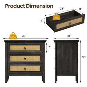 English Elm 3 Drawer Rattan Front Dresser Dark Oak Finish Farmhouse Storage for Bedroom or Hallway T6051P539599