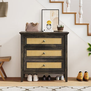 English Elm 3 Drawer Rattan Front Dresser Dark Oak Finish Farmhouse Storage for Bedroom or Hallway T6051P539599