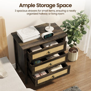 English Elm 3 Drawer Rattan Front Dresser Dark Oak Finish Farmhouse Storage for Bedroom or Hallway T6051P539599