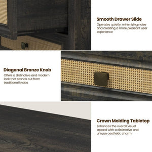 English Elm 3 Drawer Rattan Front Dresser Dark Oak Finish Farmhouse Storage for Bedroom or Hallway T6051P539599