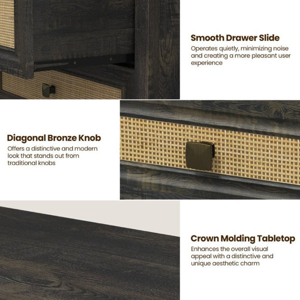 English Elm 3 Drawer Rattan Front Dresser Dark Oak Finish Farmhouse Storage for Bedroom or Hallway T6051P539599