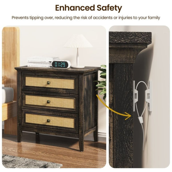English Elm 3 Drawer Rattan Front Dresser Dark Oak Finish Farmhouse Storage for Bedroom or Hallway T6051P539599