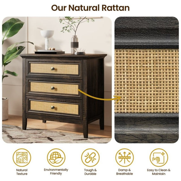 English Elm 3 Drawer Rattan Front Dresser Dark Oak Finish Farmhouse Storage for Bedroom or Hallway T6051P539599
