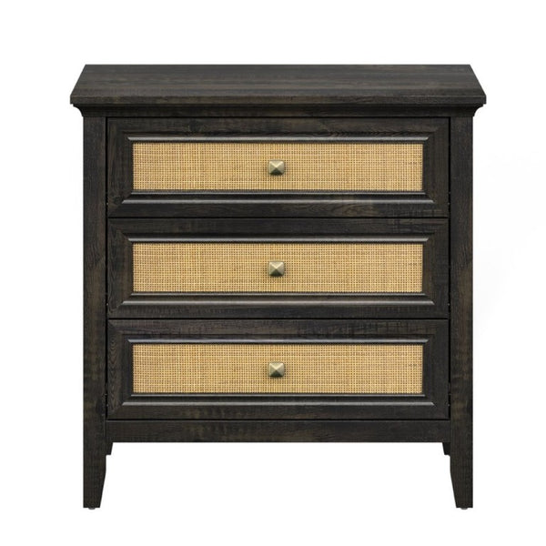 English Elm 3 Drawer Rattan Front Dresser Dark Oak Finish Farmhouse Storage for Bedroom or Hallway T6051P539599