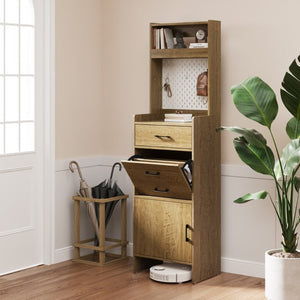 English Elm 5-In-1 Entryway Cabinet Tall Narrow Pegboard Organizer with Flip Shoe Storage Shelf Brown T6051P539603