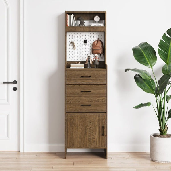 English Elm 5-In-1 Entryway Cabinet Tall Narrow Pegboard Organizer with Flip Shoe Storage Shelf Brown T6051P539603