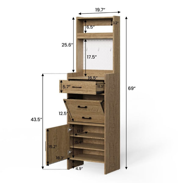 English Elm 5-In-1 Entryway Cabinet Tall Narrow Pegboard Organizer with Flip Shoe Storage Shelf Brown T6051P539603
