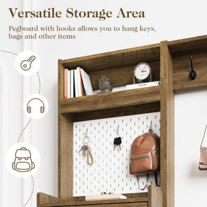 English Elm 5-In-1 Entryway Cabinet Tall Narrow Pegboard Organizer with Flip Shoe Storage Shelf Brown T6051P539603