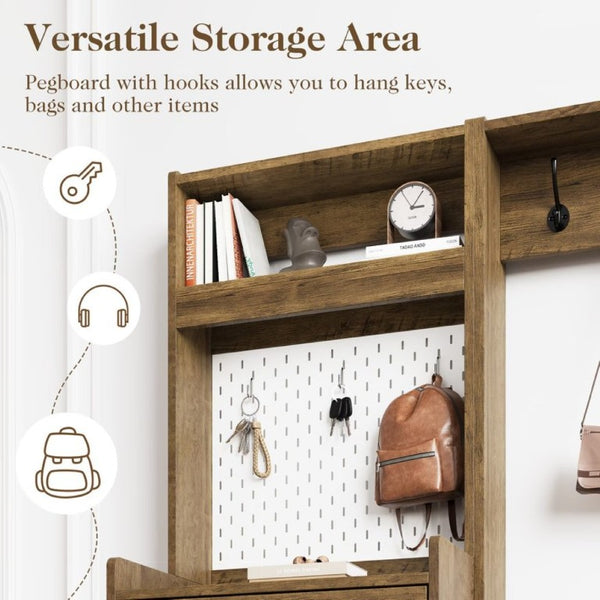 English Elm 5-In-1 Entryway Cabinet Tall Narrow Pegboard Organizer with Flip Shoe Storage Shelf Brown T6051P539603