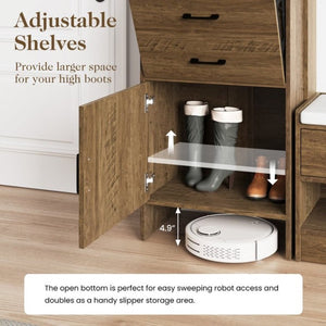 English Elm 5-In-1 Entryway Cabinet Tall Narrow Pegboard Organizer with Flip Shoe Storage Shelf Brown T6051P539603