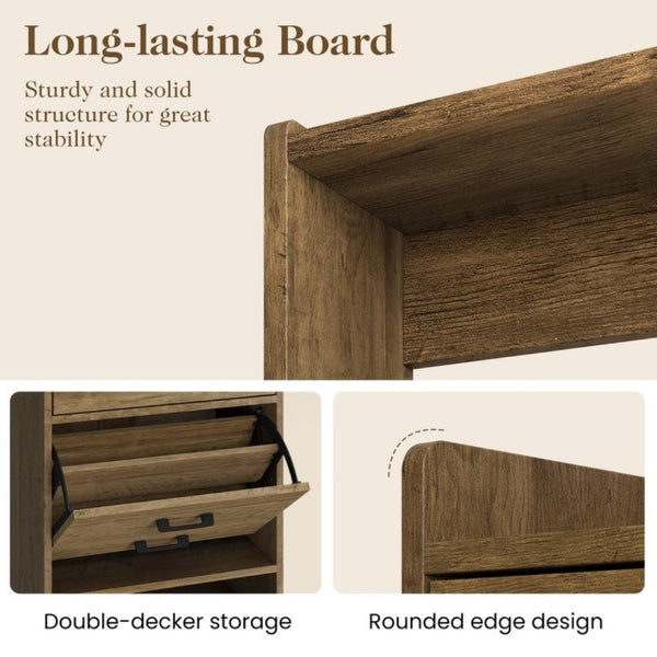 English Elm 5-In-1 Entryway Cabinet Tall Narrow Pegboard Organizer with Flip Shoe Storage Shelf Brown T6051P539603