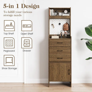 English Elm 5-In-1 Entryway Cabinet Tall Narrow Pegboard Organizer with Flip Shoe Storage Shelf Brown T6051P539603