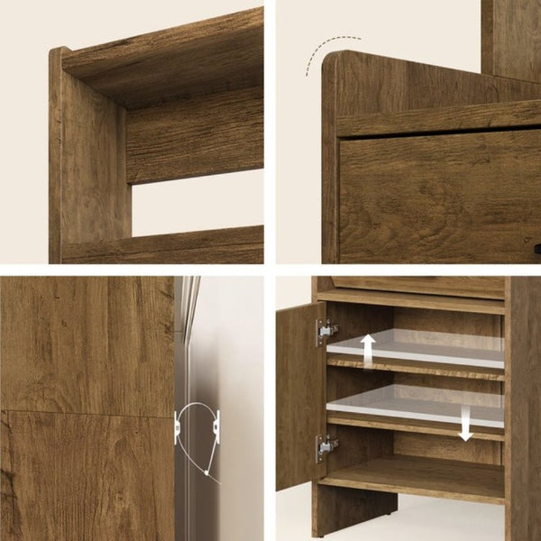 English Elm 5-In-1 Entryway Cabinet Tall Narrow Pegboard Organizer with Flip Shoe Storage Shelf Brown T6051P539603