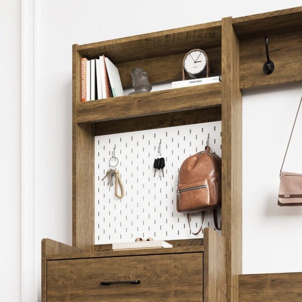English Elm 5-In-1 Entryway Cabinet Tall Narrow Pegboard Organizer with Flip Shoe Storage Shelf Brown T6051P539603