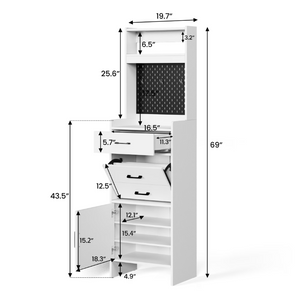 English Elm 5-In-1 Entryway Cabinet Tall Narrow Pegboard Organizer with Flip Shoe Storage Shelf White T6051P539611
